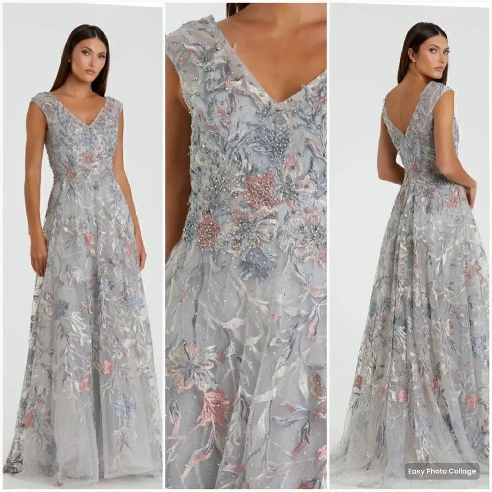 Mac Duggal 20263 Gray Embroidered Illusion Cap Sleeve A Line Gown